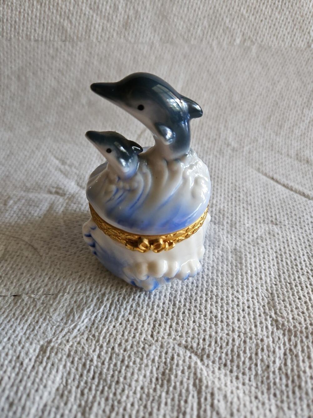 Dolphins Waves Hinged Porcelain Collectible Trinket Box 2.5"×1.5"